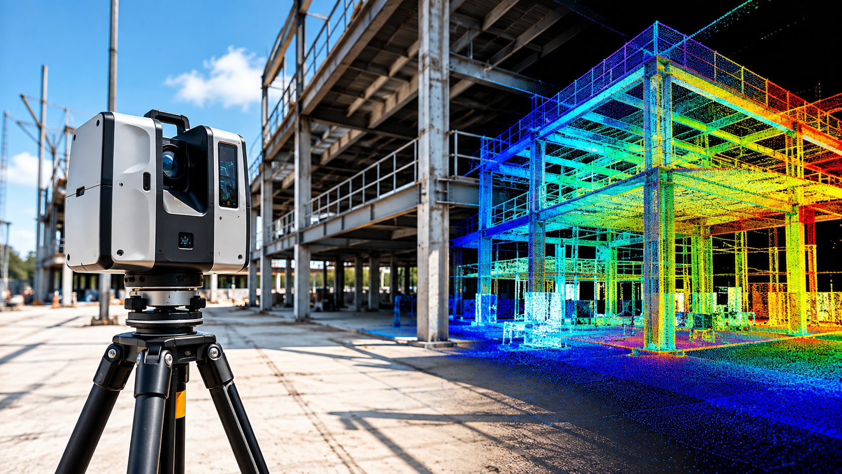 Terrestrial LiDAR laser scanner documenting a building under construction with a colorized 3D point cloud