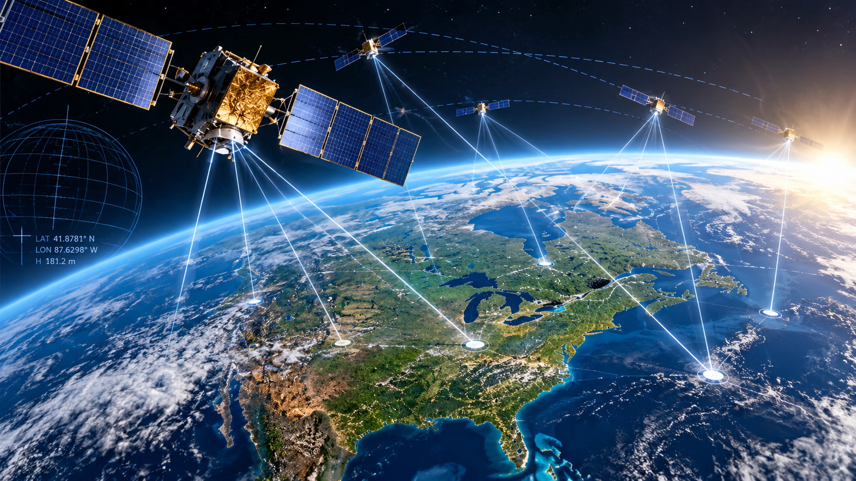 Illustration of GPS satellites transmitting positioning signals to receivers on Earth